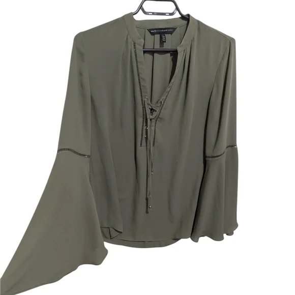 White House Black Market Olive Green Lace-Up Henley Blouse Size 2 Flowy Long Sle - Picture 2 of 13